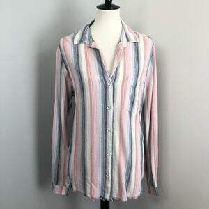 Anthropologie Cloth & Stone Fray Hem Striped Button Down Tunic Shirt Large